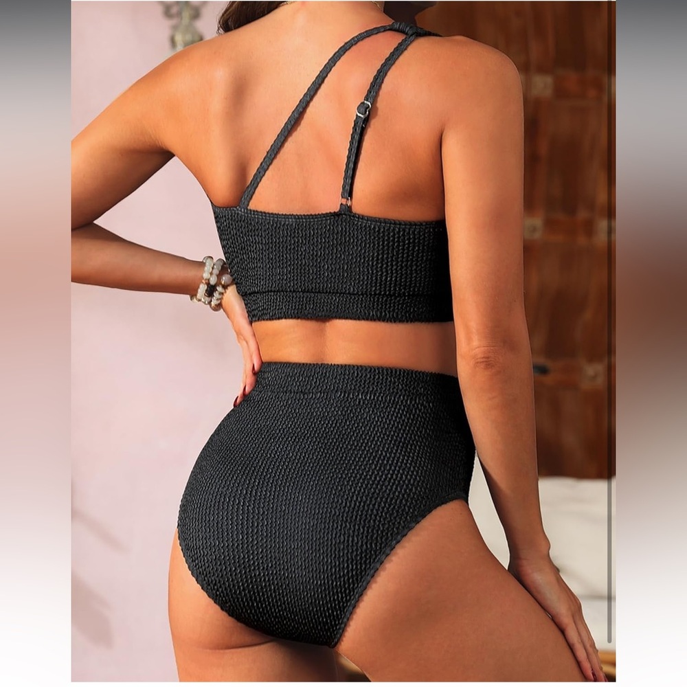One-Shoulder High Waisted Ribbed Two Piece (black) - Picture 2 of 5